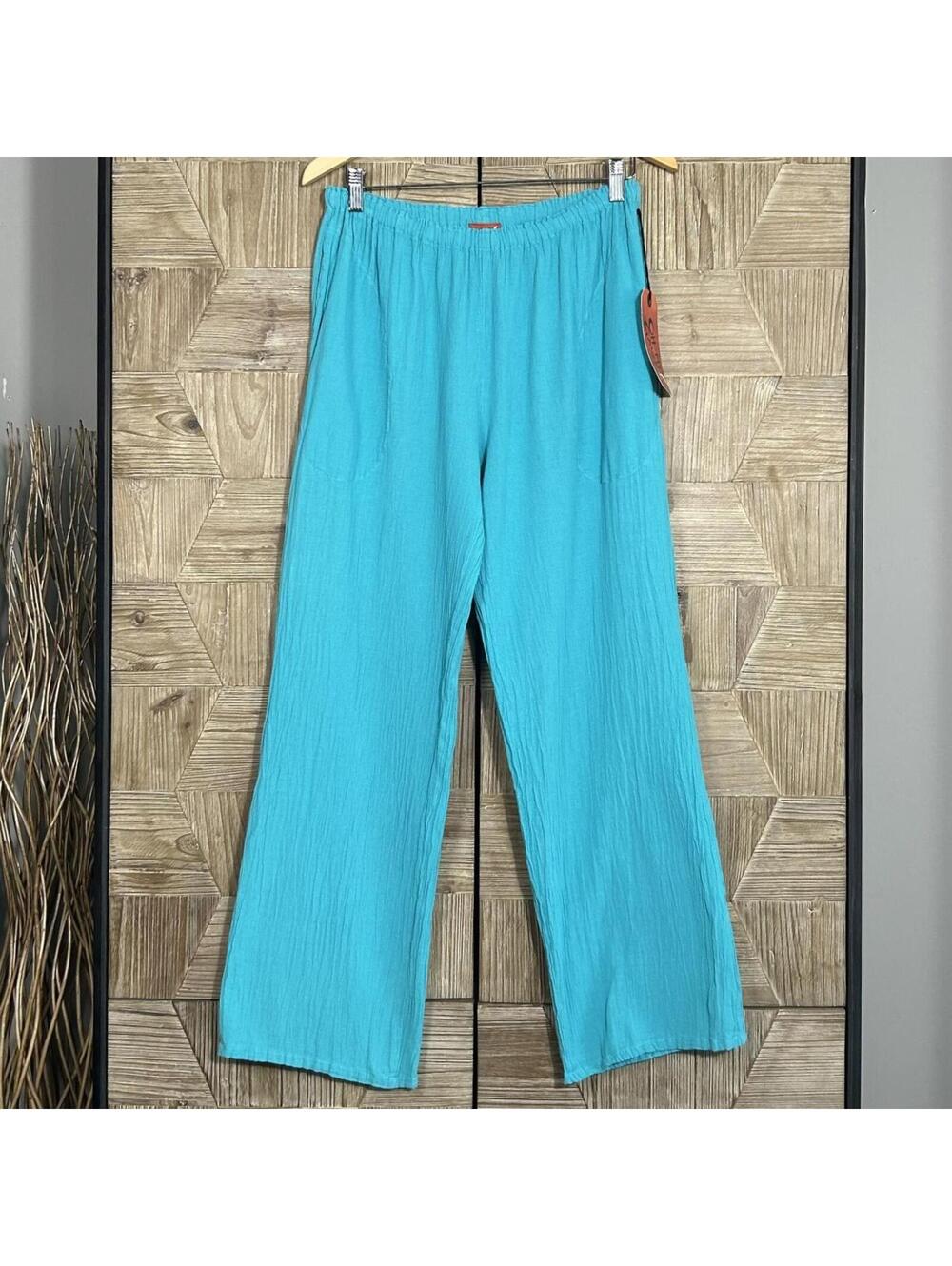 Oh My Gauze! Casual Boho Pants Size S/M Teal Cotton Elastic Waist Lagenlook NWT - Picture 2 of 6